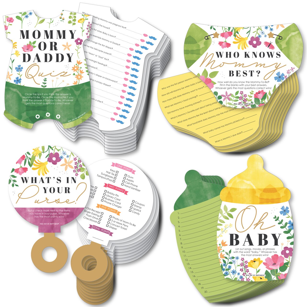 Big Dot of Happiness Wildflowers Baby - 4 Boho Floral Baby Shower Games - 10 Cards Each - Gamerific Bundle